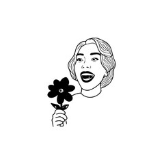 Black and white vector illustration of a beautiful woman holding a flower, minimal clean line art style