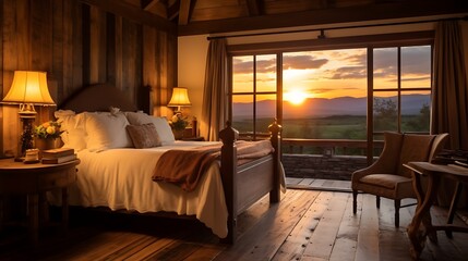 A warm country-style room with a quilted bed and a brass table lamp, golden light spilling onto rustic wood floors, distant mountain ranges visible under the setting sun. 
