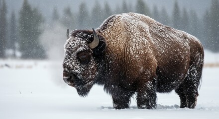 Winter bison in snowy landscape