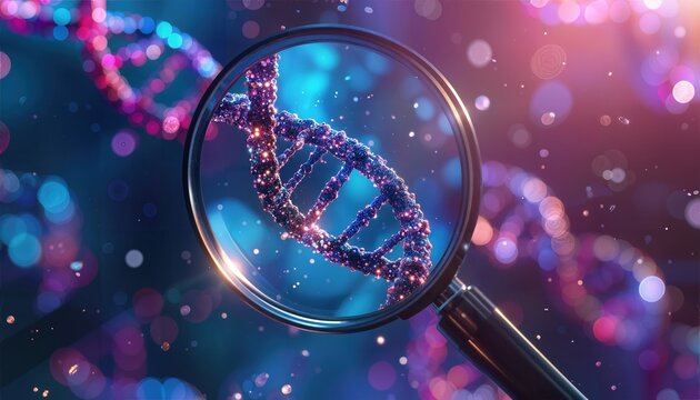 DNA double helix viewed under magnifying glass symbolizing genetic engineering and gene manipulation. 3D molecular biotechnology illustration related to CRISPR technology, genome editing, 