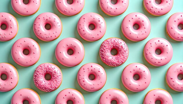 Pink donuts on mint green background - Powered by Adobe