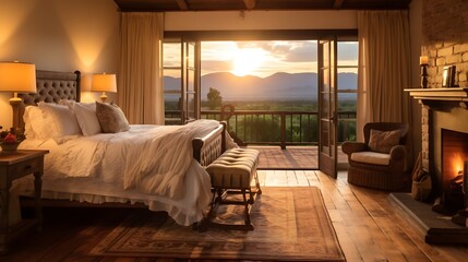 A warm country-style room with a quilted bed and a brass table lamp, golden light spilling onto rustic wood floors, distant mountain ranges visible under the setting sun. 