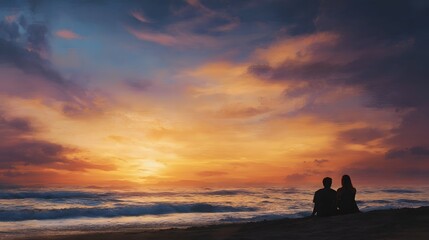 A silhouetted couple sits on a sandy beach gazing at a dramatic and colorful sunset painting the vast ocean sky