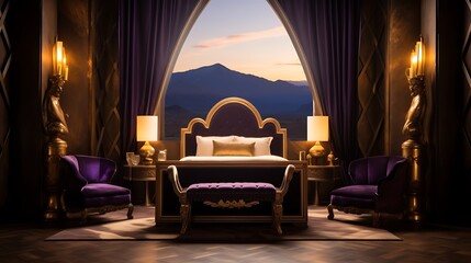 Art Deco room with a velvet bed and a gold lamp, rich purple light casting dramatic shadows, distant mountain range visible, luxurious feel. 