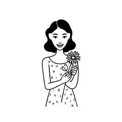 Black and white vector illustration of a beautiful woman holding a flower, minimal clean line art style