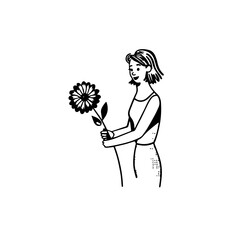 Black and white vector illustration of a beautiful woman holding a flower, minimal clean line art style