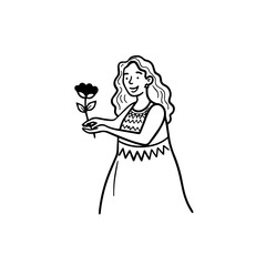 Black and white vector illustration of a beautiful woman holding a flower, minimal clean line art style