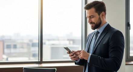 Fototapeta premium A smiling businessman in a suit and tie stands by a window, looking at his smartphone.