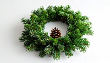 Circular Christmas wreath, green fir branches, brown pine cone