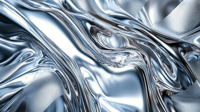 Close-up of Wavy Silvery Blue Liquid or Chrome Fabric