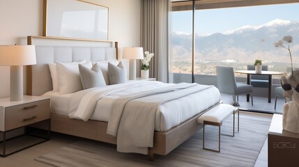 Contemporary bedroom with a king-sized bed and a crystal lamp, soft white light highlighting the mountain view, sleek furnishings, serene ambiance. 