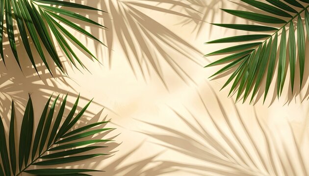 Palm leaves casting shadows on a beige background