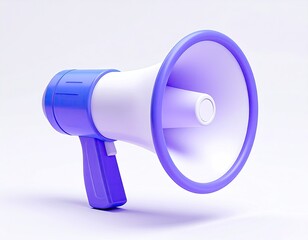 A light purple and white megaphone, digitally rendered, sits angled on a white background, showcasing its smooth curves and simple design