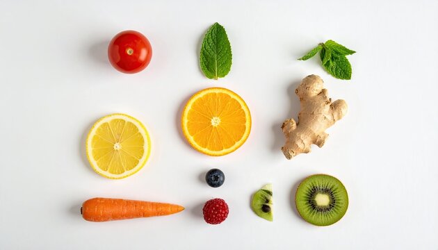 Colorful fruit and vegetable slices arranged on a white background