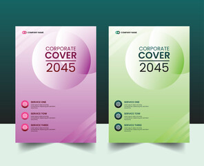 Modern corporate brochure cover template design in pink and green gradient style with abstract shapes and business layout.