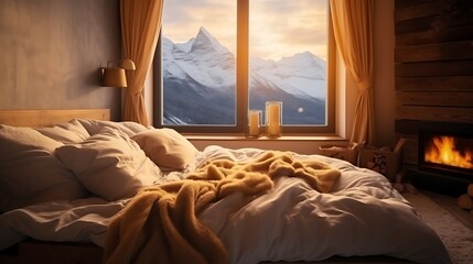 Cozy room with a beige bed and a warm yellow lamp, golden light spilling onto the floor, snowy mountain peaks visible through the window, soft shadows. 
