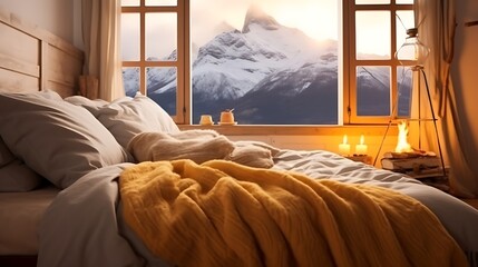 Cozy room with a beige bed and a warm yellow lamp, golden light spilling onto the floor, snowy mountain peaks visible through the window, soft shadows. 