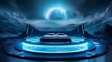 Futuristic room with a floating bed and a holographic lamp, cool cyan light illuminating the space, digital mountain projection on the wall, high-tech design. 