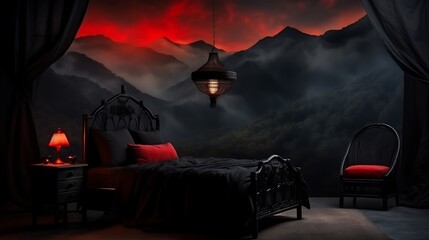 Gothic bedroom with a black bed and a red lamp, eerie crimson light illuminating the space, dark mountain silhouette in the background, dramatic atmosphere. 