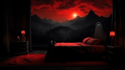 Gothic bedroom with a black bed and a red lamp, eerie crimson light illuminating the space, dark mountain silhouette in the background, dramatic atmosphere. 