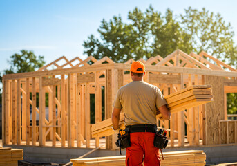 Carpenter carrying lumber at construction site with house framing in background