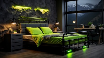Industrial bedroom with a metal bed frame and a neon green lamp, vibrant light contrasting with the dark mountain backdrop, edgy atmosphere. 
