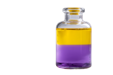Clear glass laboratory vial containing two distinct colorful liquid layers yellow and purple isolated on transparent background