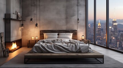 Industrial chic bedroom with a concrete bed and a steel lamp, cool white light illuminating the space, city skyline and mountains visible through the window, edgy design. 