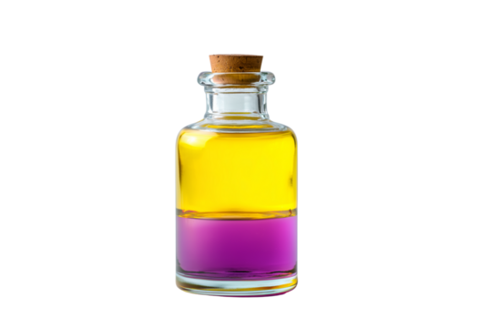 Clear glass bottle with cork stopper containing two distinct colorful liquid layers isolated on transparent background