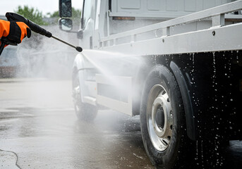 Close up of person using pressure washer to clean truck wheel and body