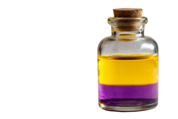 Small clear glass bottle with cork stopper containing colorful layered liquids isolated on transparent background