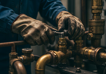 Close up of plumber working on pipes with wrench and wearing work gloves