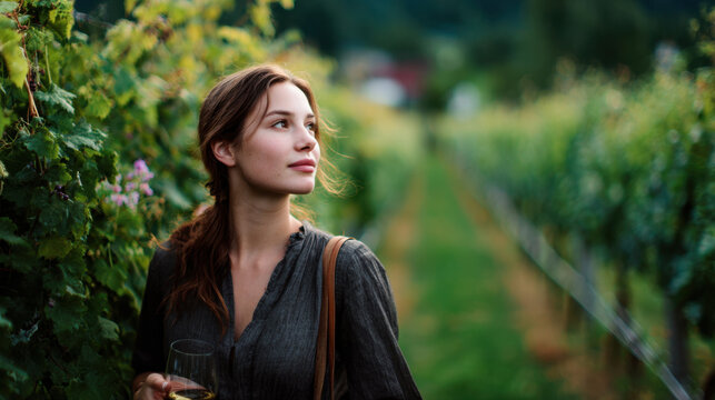 Elegant woman standing among lush green vineyard rows, holding a glass of wine while enjoying the serene outdoor atmosphere and natural beauty of the surrounding landscape. - Powered by Adobe