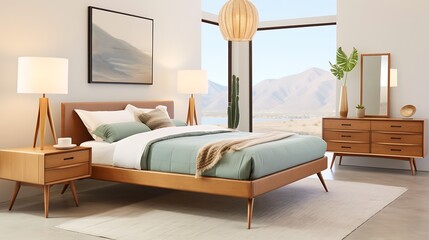 Mid-century modern room with a teak bed and a retro lamp, soft teal light casting shadows, mountain landscape outside, clean lines and functional design. 