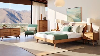 Mid-century modern room with a teak bed and a retro lamp, soft teal light casting shadows, mountain landscape outside, clean lines and functional design. 