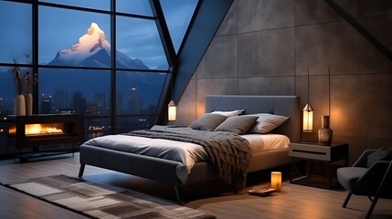 Modern loft with a gray bed and a metallic lamp, cool blue light reflecting off the walls, dark mountain silhouette outside, urban chic vibe. 