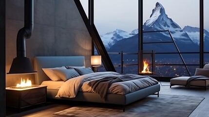 Modern loft with a gray bed and a metallic lamp, cool blue light reflecting off the walls, dark mountain silhouette outside, urban chic vibe. 