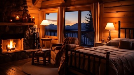 Mountain lodge room with a log bed and a lantern lamp, warm orange light casting shadows, snow-covered mountains outside, rustic elegance. 