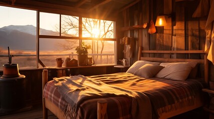 Rustic cabin with a wooden bed and a vintage brass lamp, warm amber light casting long shadows, misty mountains in the distance, earthy tones. 