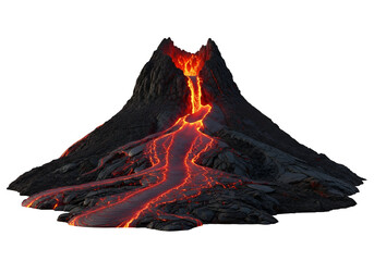 A dramatic portrayal of a fiery volcano erupting, showcasing molten lava flowing down its slopes against a stark black background.