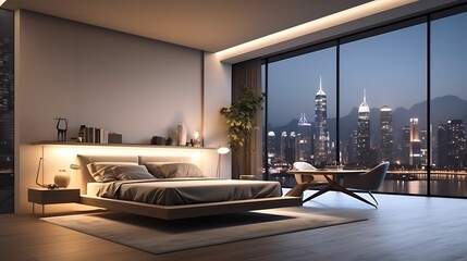 Urban apartment with a platform bed and a pendant lamp, cool white light illuminating the space, city lights and mountains visible through the window, modern aesthetic. 