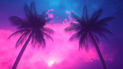 Obraz premium Vibrant Tropical Sunset with Palm Tree Silhouettes