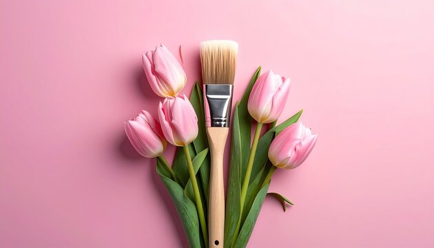 Pink tulips and paintbrush on pink background (1)
