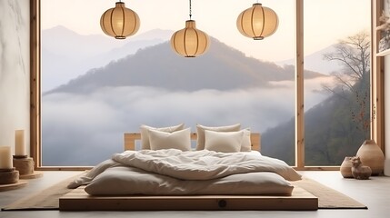Zen-inspired bedroom with a tatami bed and a paper lantern, soft white light creating a peaceful atmosphere, misty mountains in the background, calming tones. 