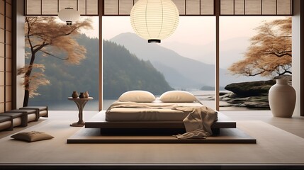 Zen-inspired bedroom with a tatami bed and a paper lantern, soft white light creating a peaceful atmosphere, misty mountains in the background, calming tones. 