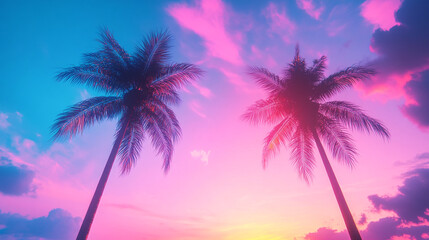 Obraz premium Vibrant Tropical Sunset with Palm Tree Silhouettes
