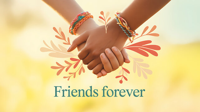 Two hands clasped together with colorful bracelets, symbolizing friendship, set against a warm, blurred outdoor background with the text 'Friends forever'.