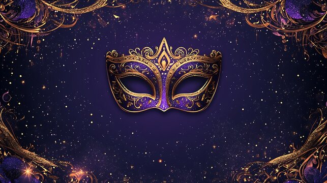 Ornate golden and purple venetian masquerade mask adorned with intricate details and sparkling confetti against a dark blue background