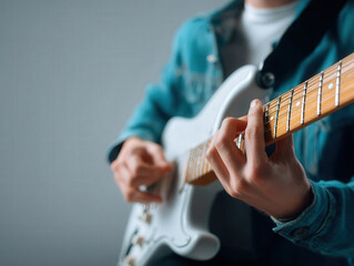 Electric guitar close up with fingers tuning and playing music indoors, cozy atmosphere with casual clothing and soft focus background