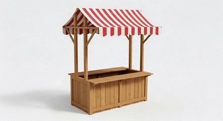 Obraz premium Charming Wooden Market Stall with Red and White Striped Awning for Festive Outdoor Vending, Perfect for Commerce